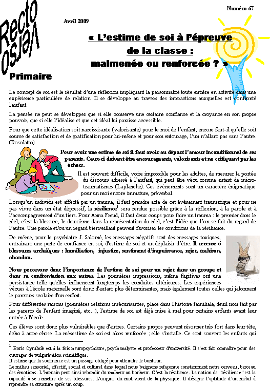 n°67 : « L'estime de soi à l'épreuve de la classe : malmenée ou renforcée ? »